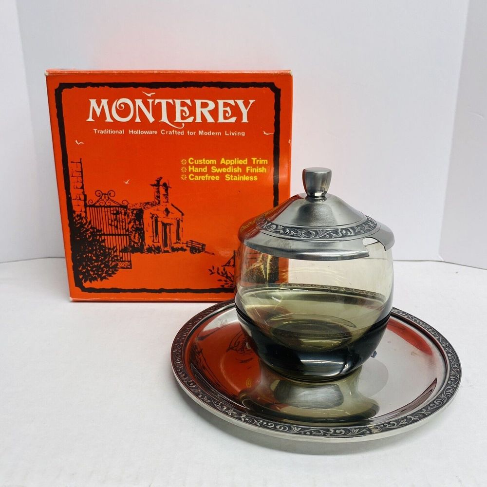 MONTEREY Traditional Holloware Jam Jar W/ Tray Glass Stainless Modern Living